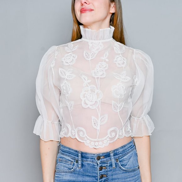 VINTAGE 70s White Organza Embroidered High-Neck Blouse XS - Picture 7 of 12